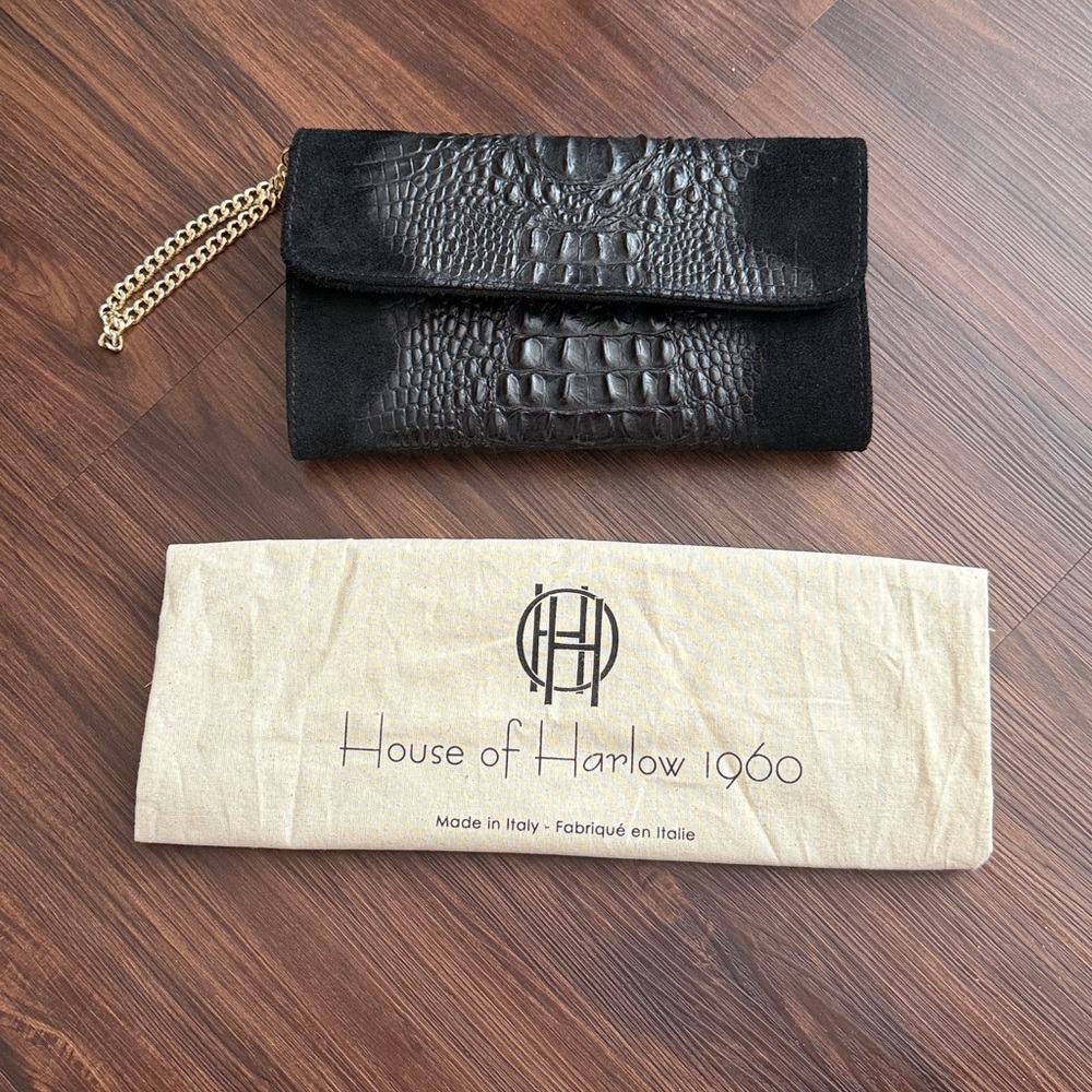 House of Harlow 1960 Black Textured Clutch with Gold Chain
